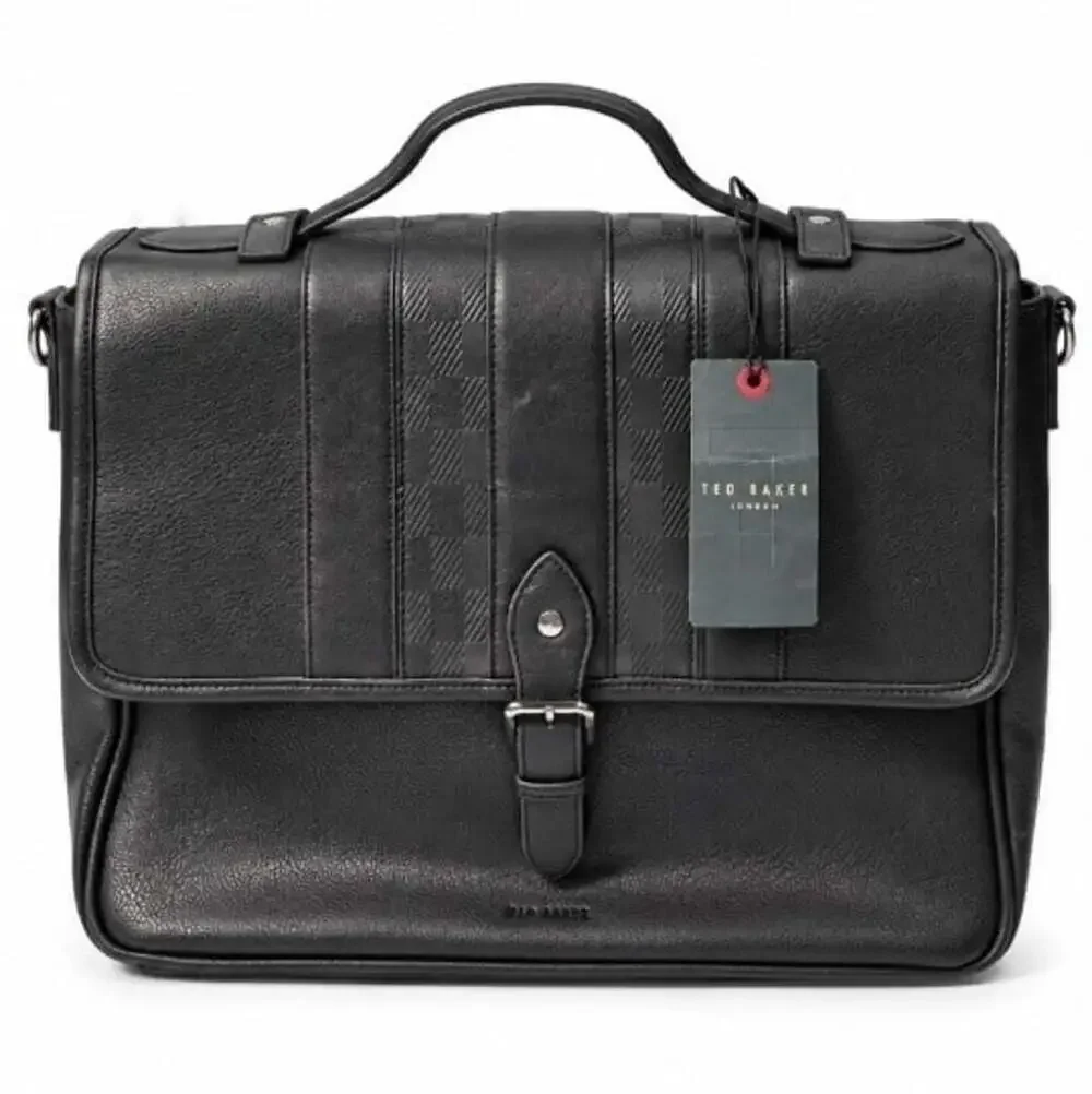 Ted Baker London Black House Check Messenger Bag Briefcase Satchel Buckle NWT